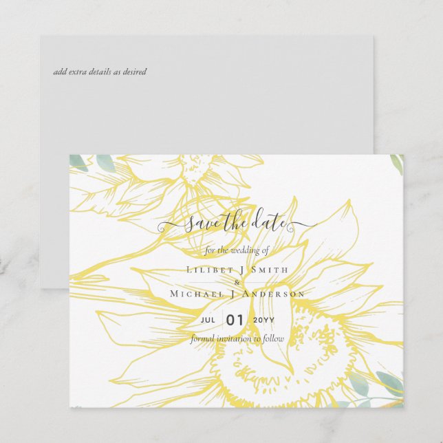 Carte Postale Fleurs de soleil modernes Mariage d'or Sage (Devant / Derrière)