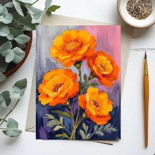 Carte Postale Fleurs de Tagète Orange Peinture Florale Aquarelle