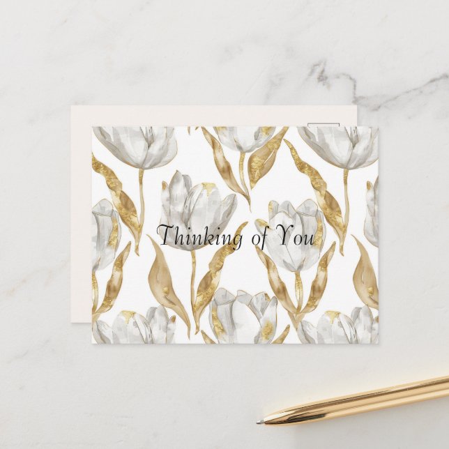 Carte Postale Fleurs de tulipes blanches et dorées pour vous (Devant/Arrière en situation)