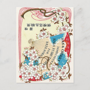 Carte Postale Fleurs de ventilateur et cerisier Vintage japonais