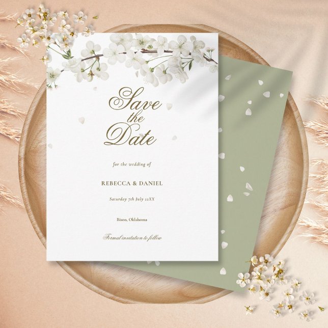 Carte Postale Fleurs de verdure à fleurs de cerisier blanc Enreg (White Blossom Greenery Floral Save the Date Postcard)