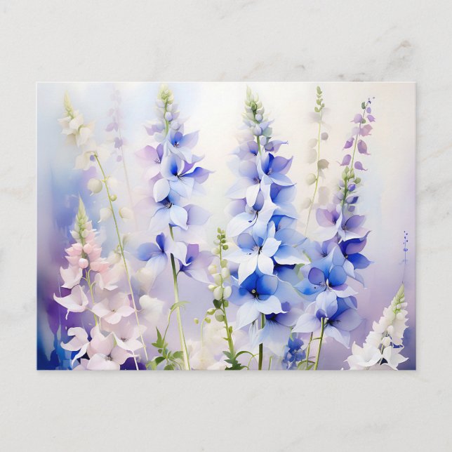 Carte Postale Fleurs délicates de Delphinium avec lavis à l'aqua (Devant)