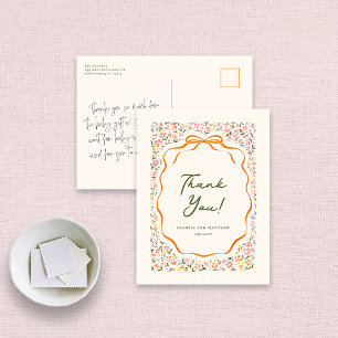 Carte Postale Fleurs délicates roses et nœud orange Merci