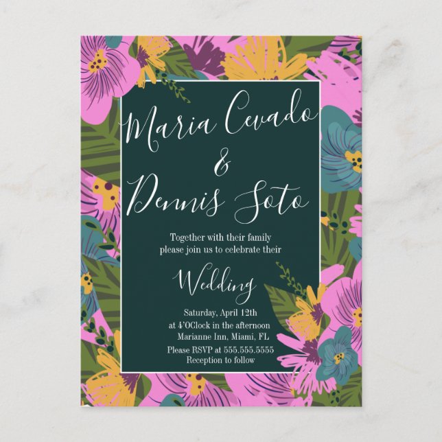 Carte Postale Fleurs dessinées à la main Mariage vert rose gras  (Devant)