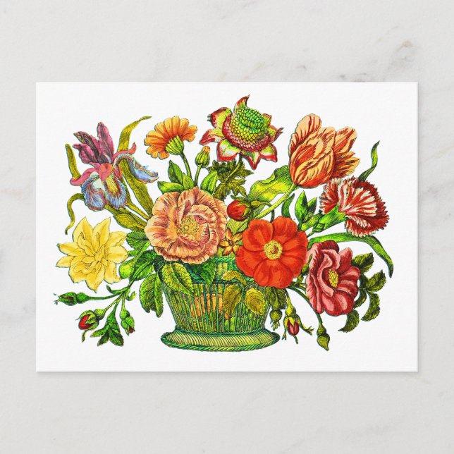 Carte Postale Fleurs d'été en panier, Art Vintage (Devant)