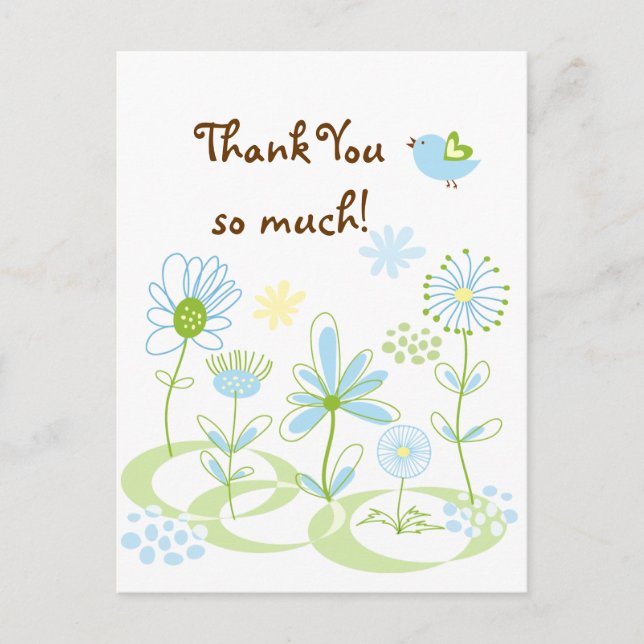 Carte Postale Fleurs d'été et Merci d'oiseaux bleus (Devant)