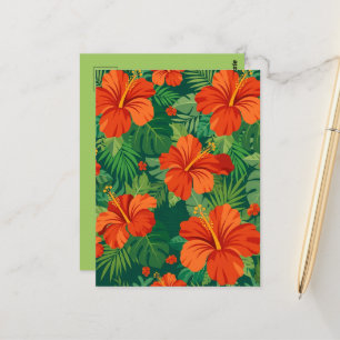 Carte Postale Fleurs d'Hibiscus Rouge Orange Vert Feuillage Jung