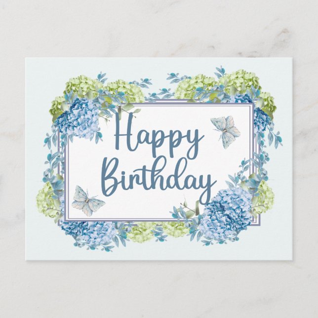 Carte Postale Fleurs d'hydrangea aquarelle bleu Joyeux Anniversa (Devant)