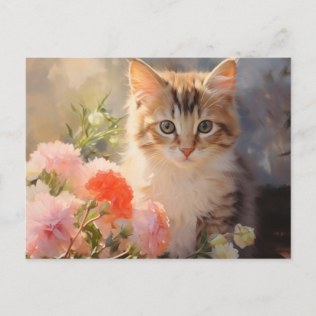 Carte Postale Fleurs d'oeillet de naissance de janvier et chaton (Devant)