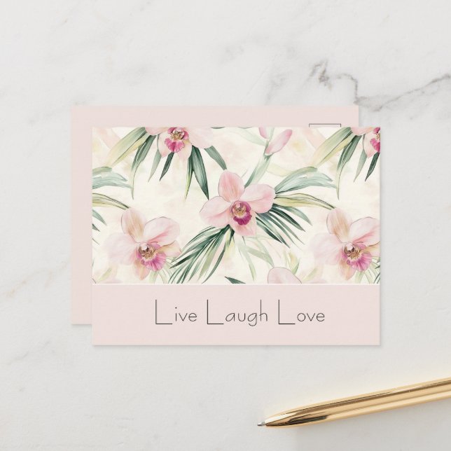 Carte Postale Fleurs d'orchidée rose blush vert Amour (Devant/Arrière en situation)