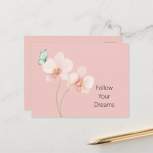 Carte Postale Fleurs d'orchidée rose papillon vert menthe