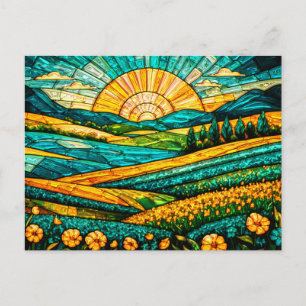 Carte Postale Fleurs dorées Campagne verte Faux vitrail