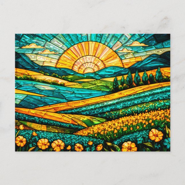 Carte Postale Fleurs dorées Campagne verte Faux vitrail (Devant)