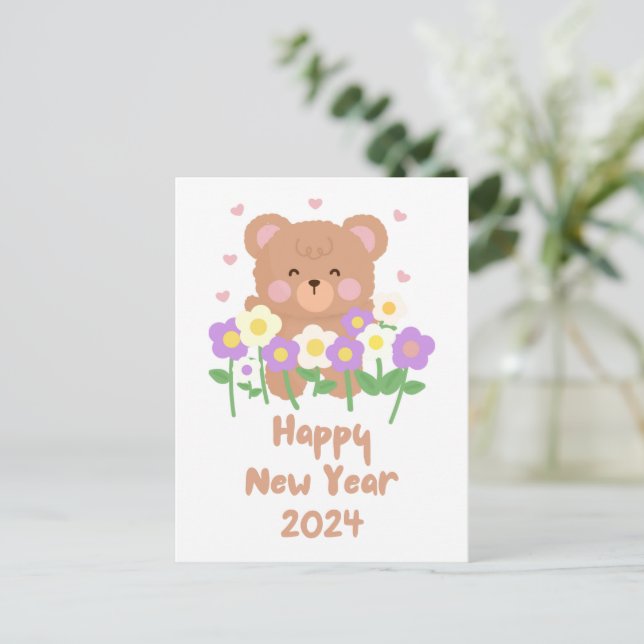 Carte Postale Fleurs d'ours en peluche mignonnes Nouvel An (Debout devant)
