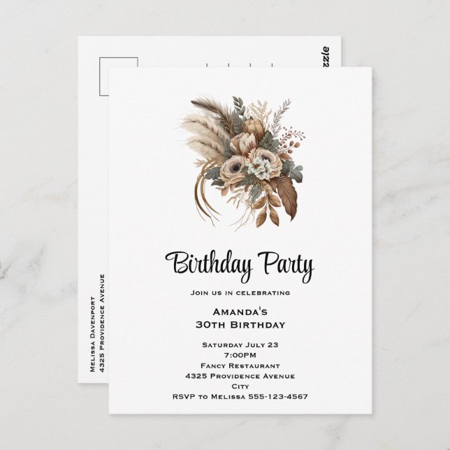 Carte Postale Fleurs élégantes Folithe et Feather Anniversaire (Devant / Derrière)