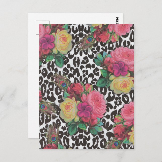 Carte Postale Fleurs élégantes vintages cheetah paon fleurs (Devant / Derrière)