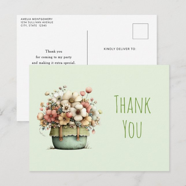 Carte Postale Fleurs en pot Cozy Style Shabby Chic Merci (Devant / Derrière)