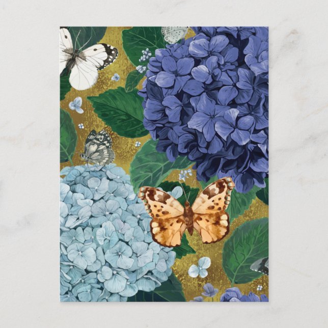 Carte Postale Fleurs et papillons bleu Hydrangea (Devant)