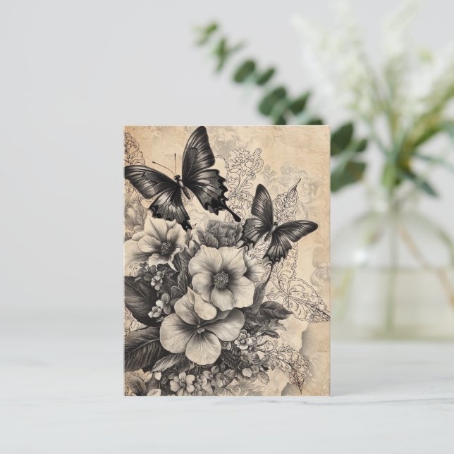 Carte Postale Fleurs et papillons rustiques - Papier vieilli (10 (Debout devant)