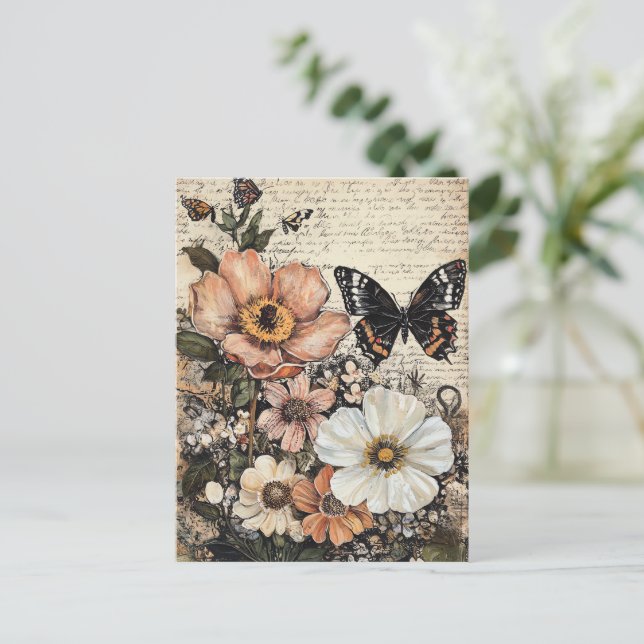 Carte Postale Fleurs et papillons rustiques - Papier vieilli (14 (Debout devant)