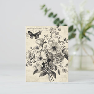 Carte Postale Fleurs et papillons rustiques - Papier vieilli (8)
