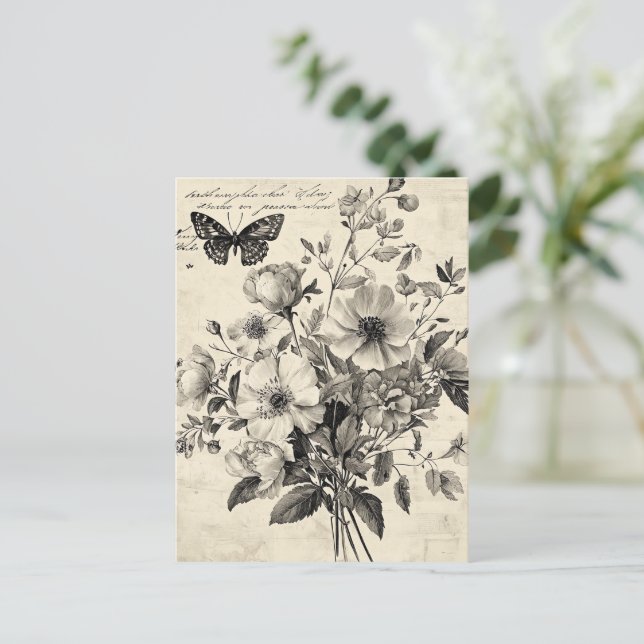 Carte Postale Fleurs et papillons rustiques - Papier vieilli (8) (Debout devant)
