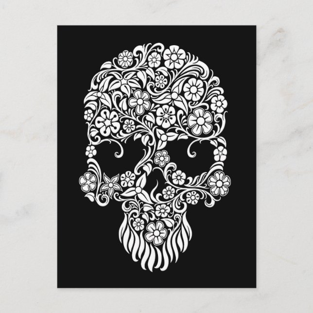Carte Postale Fleurs et vignes blanches Design crâne sur noir (Devant)