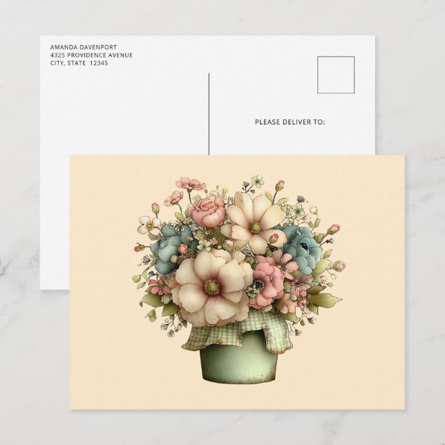 Carte Postale Fleurs Fantaisistes dans un Pot de Fleurs Mignon (Devant / Derrière)