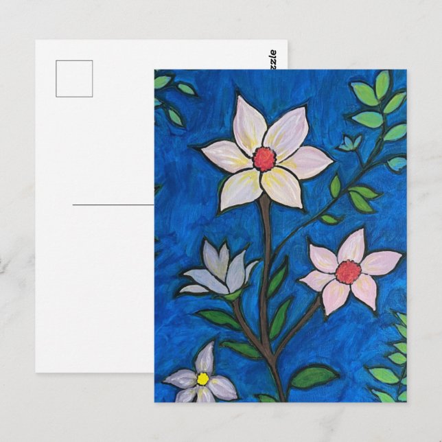 Carte Postale Fleurs Fantaisistes sur Fond Bleu  (Devant / Derrière)