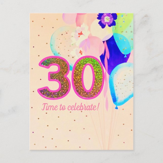 Carte Postale Fleurs Félicitations 30 ans Ballons Fête Rose (Devant)