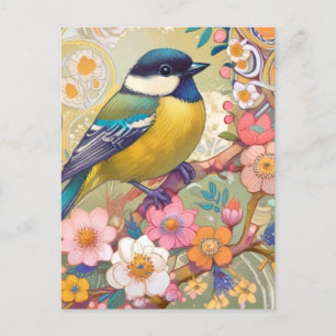 Carte Postale Fleurs florales colorées d'Oiseau de Chickadee Gre