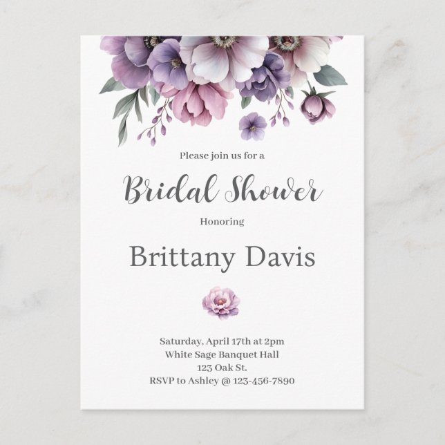 Carte Postale Fleurs Lavande et Vertes pour Réception de Mariage (Devant)