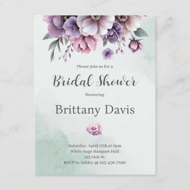 Carte Postale Fleurs Lavande et Vertes pour Réception de Mariage (Devant)