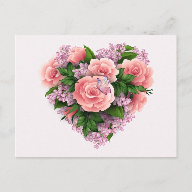 Carte Postale Fleurs Lilac violettes et Roses roses rose Coeur F (Devant)