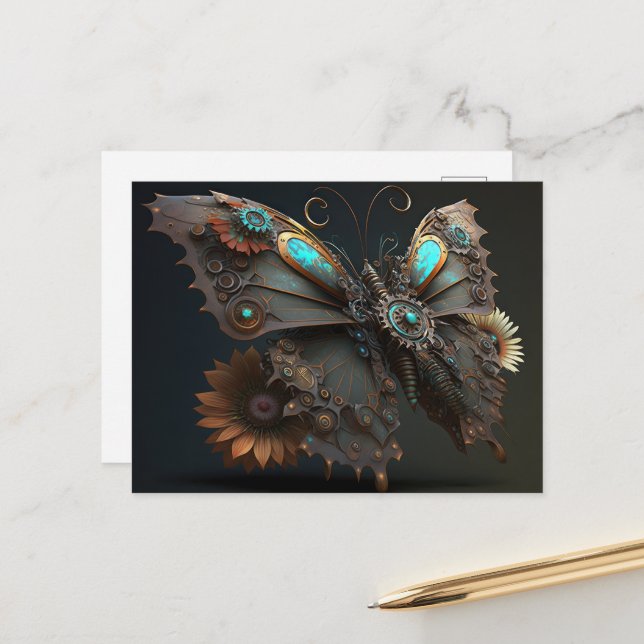 Carte Postale Fleurs mécaniques Steampunk Papillon (Devant/Arrière en situation)