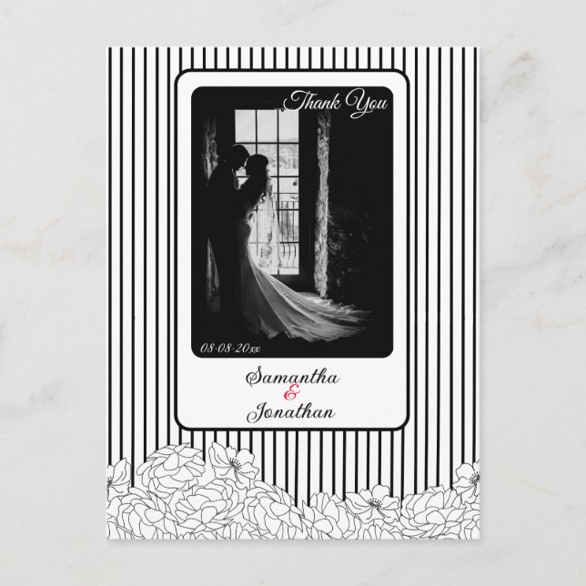 Carte Postale Fleurs noires et blanches à rayures Merci (Devant)