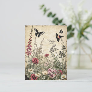 Carte Postale Fleurs, oiseaux et papillons sur papier vieilli (2