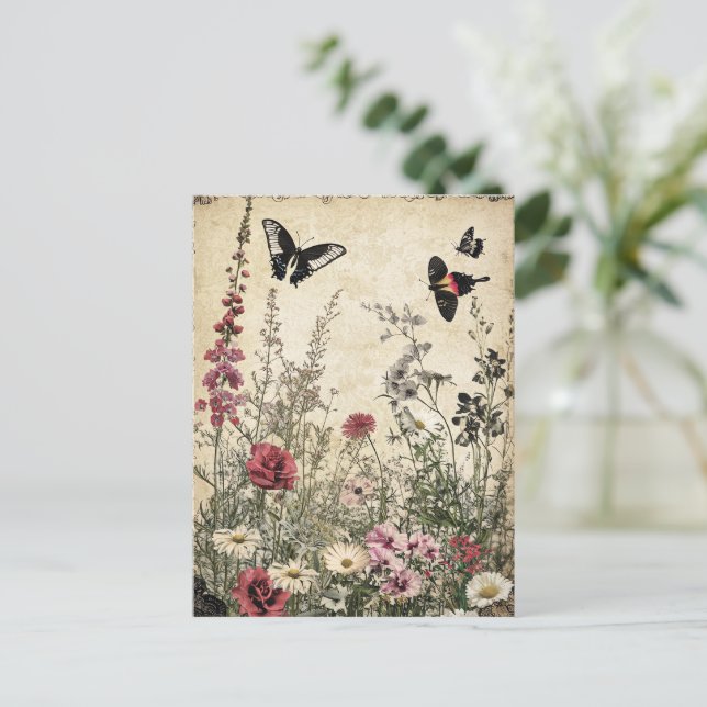 Carte Postale Fleurs, oiseaux et papillons sur papier vieilli (2 (Debout devant)