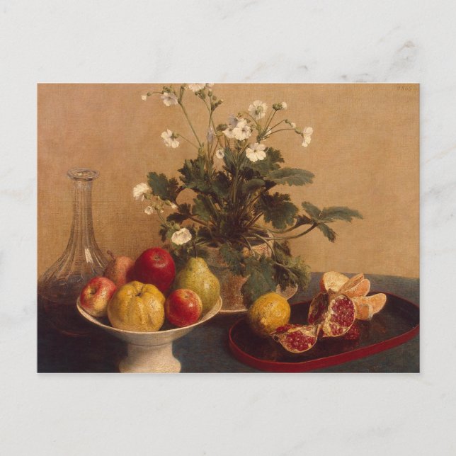 Carte Postale Fleurs, plat avec fruits et carafe, 1865 (Devant)