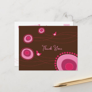 Carte Postale Fleurs pointillées roses et oiseaux joyeux Merci