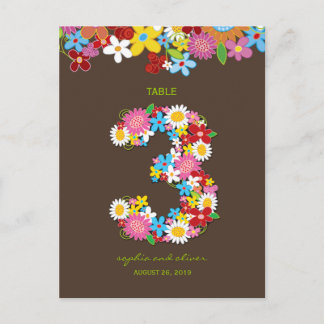 Carte Postale Fleurs printanières Jardin Mariage Table Numéro 3