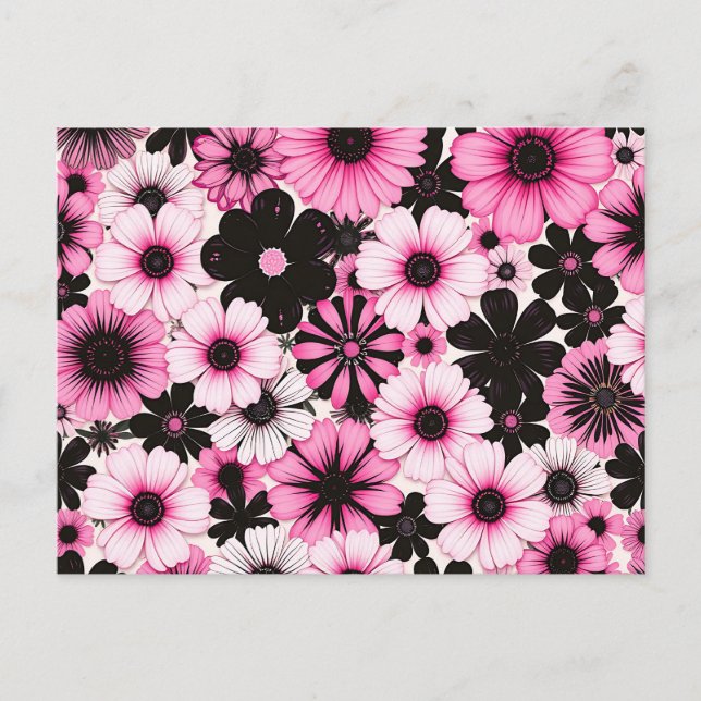 Carte Postale Fleurs Rétro Rose et Noir (Devant)