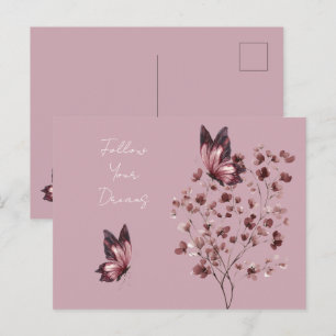 Carte Postale Fleurs Rose Bourgogne Papillon Rêves