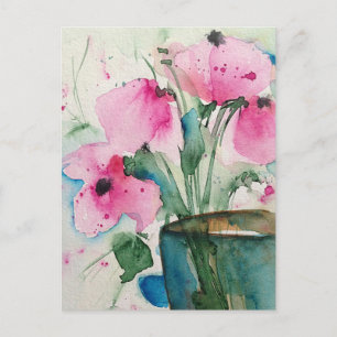 Carte Postale Fleurs roses à l'aquarelle dans le vase