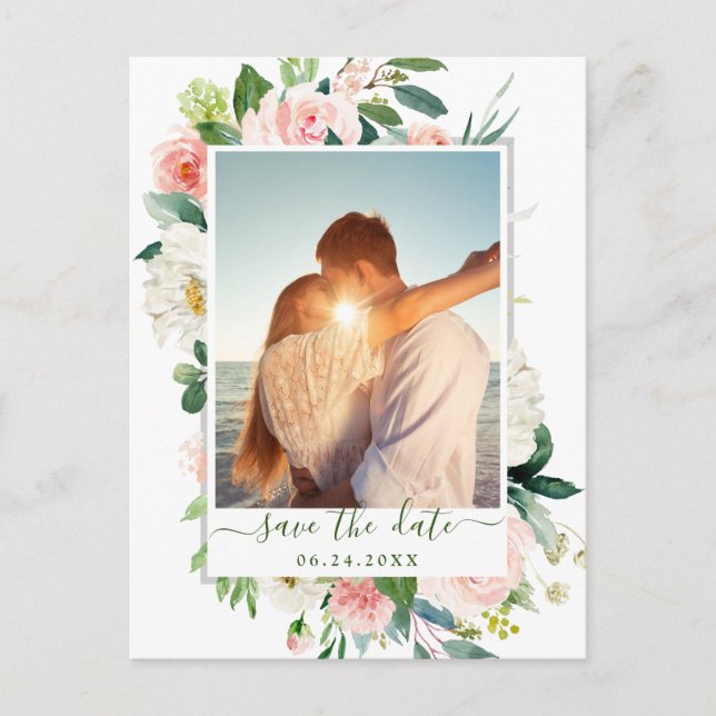 Carte Postale Fleurs roses blanches Mariage vert Enregistrer la  (Devant)