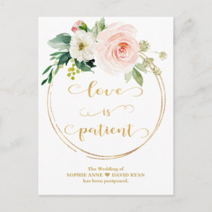 Carte Postale Fleurs roses blanches or Mariage L'amour est patie