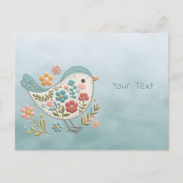 Carte postale Fleurs roses bleues Petit oiseau (Devant)