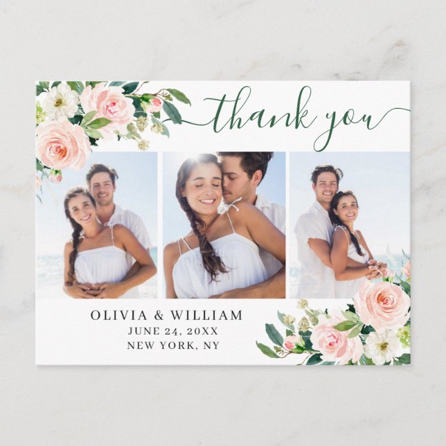 Carte Postale Fleurs Roses Blush Verdure 3 Merci photo (Devant)