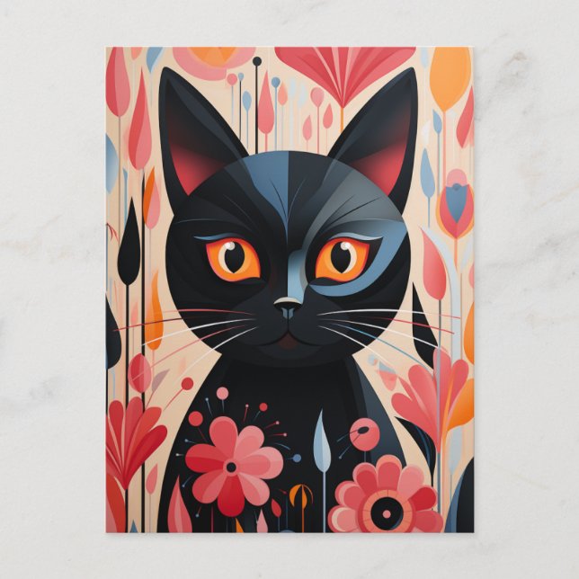 Carte Postale Fleurs roses Chat Noir (Devant)