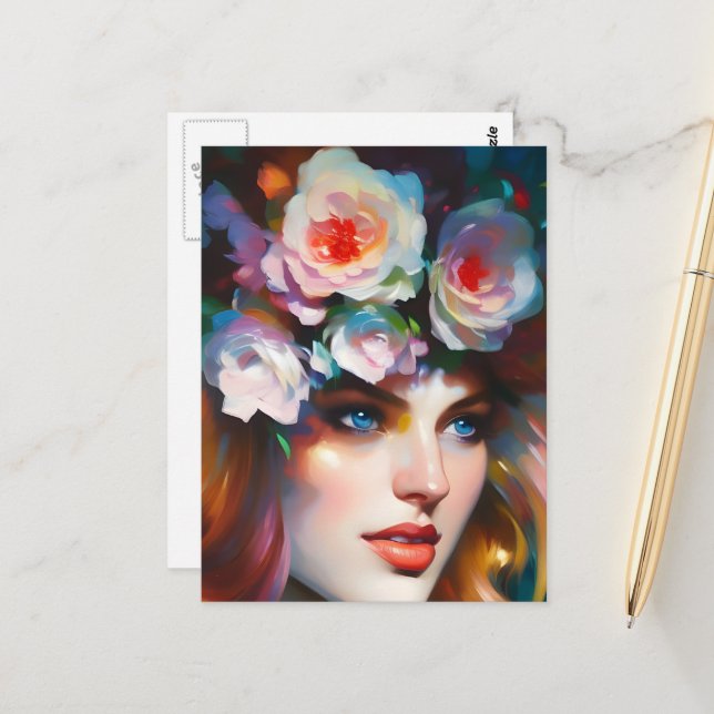 Carte Postale Fleurs roses dans ses cheveux (Devant/Arrière en situation)